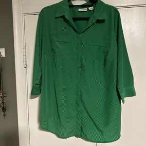Liz Claiborne 1X Green Black Polka Dot Shirt